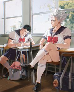 two anime characters sitting at desks with their legs crossed and one holding a bag