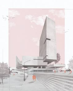 an architectural rendering of a building with stairs leading up to it and people walking around