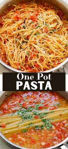 one pot pasta is shown in two different pans, and the other has spaghetti