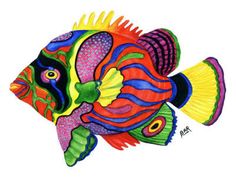 an image of a colorful fish that is painted on the side of a white wall