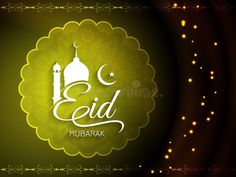 eid mubarak greeting card with mosque and moon on green background royalty illustration