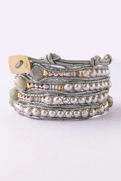 Nakamol Labradorite and Pearls Wrap Bracelet – Girl Intuitive Elegant Adjustable Wrap Bracelet With Natural Stones, Elegant Wrap Bracelet With Natural Stones, Elegant Adjustable Labradorite Beaded Bracelets, Elegant Labradorite Beaded Bracelets, Grey Green, Leather Handmade, Wrap Bracelet, Faux Pearl, Labradorite