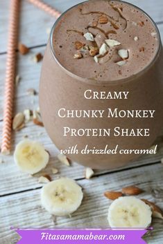 creamy chunk monkey protein shake with drizzled caramel and nuts on top