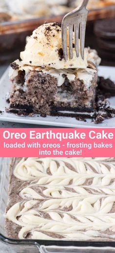 an oreo cake with frosting on top and a fork stuck in the middle