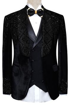 Men's Luxury Bespoke Embellished Black Velvet Tuxedo 3 Piece Suit Black Velvet Tuxedo, Tuxedo Suit For Men, Black Tuxedo Suit, Waistcoat Designs, Formal Attire For Men, Velvet Tuxedo, Double Breasted Waistcoat, Wedding Tuxedo, Custom Made Suits