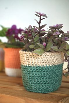 two crocheted baskets with plants in them sitting on a wooden table next to each other