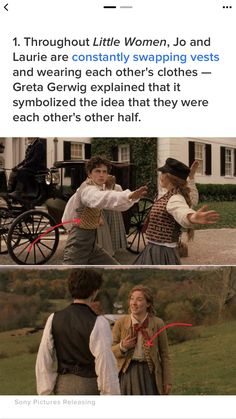 two people in period costumes are talking to each other and one person is pointing at something