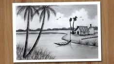 a black and white drawing of a boat on the water with palm trees in the background