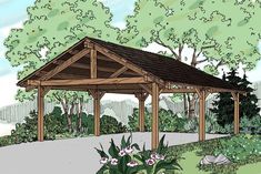 a drawing of a gazebo in the middle of a park with trees and flowers