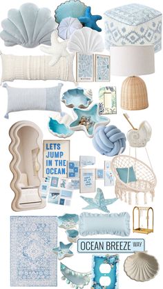 a collage of blue and white items with the words ocean breeze