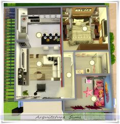 this is an aerial view of a bedroom and living room in a small house or apartment