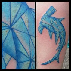 two pictures showing different tattoos on the side of their legs, one with an origami dolphin