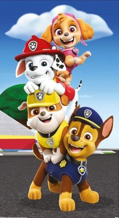 the paw patrol movie poster with puppies and fire fighters on top of each other