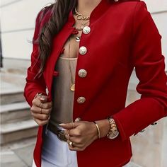 New Without Tags Casual Coat, Long Sleeve, Stand Collar With Slight Stretch Slim Jacket, Lightweight Blazer, Long Coat Women, Red Blazer, Fall Coat, Winter Jackets Women, Warm Jacket, Jacket Blazer, Office Lady