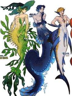 three mermaids are standing next to each other