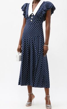 $2500 Alessandra Rich Silk polka dot-print midi dress, Size 2 | eBay Tailored Outfits, Tea Dresses, Outfit Reference, Midi Dress Outfit, Blue Polka Dot Dress, Alessandra Rich, Blue Polka Dots, White Silk, Printed Midi Dress