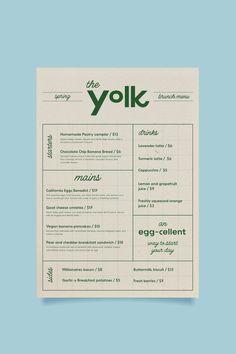 the yolk menu is shown on a blue background, with green lettering and numbers