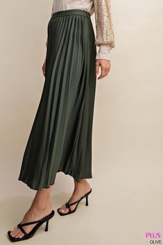 Elevate your style with our Olive Green Pleated Maxi Skirt! The pleated design and elastic waistband provide a flattering fit for all body types. Perfect for any occasion, this skirt will surely turn heads and make you feel confident and comfortable. Available exclusively in plus sizes. Pink Pigeon, Green Pleated Skirt, Green Flooring, Dark Green Color, Pleated Long Skirt, Pleated Maxi Skirt, Floor Length Skirt, Green Olive, Pleated Maxi