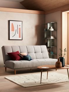 a living room with a couch, coffee table and bookshelf on the wall