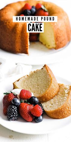 two slices of pound cake on plates with berries and raspberries