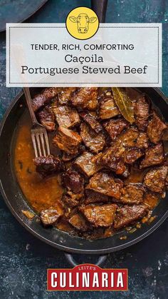 the cover of tender, rich, comforting caccia beef portuguese stew beef recipe