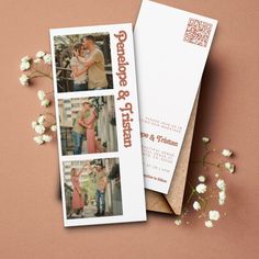 two wedding photos are placed next to each other on a table with flowers and paper