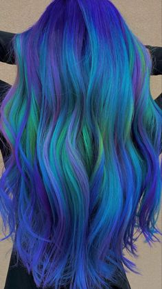 Aurora Borealis Hair Color, Green And Blue Hair Color, Northern Lights Hair, Blue Green Hair Color, Blue And Teal Hair, Aurora Borealis Hair, Blue Rainbow Hair, Purple Pink Green Hair, Teal Hair Color Turquoise