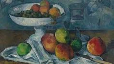 a painting of apples, pears and oranges in a bowl on a table