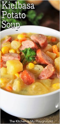 kielbasa potato soup in a white bowl