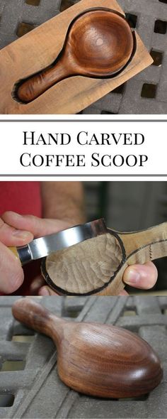 a person holding a wooden spoon over a piece of wood with the words hand carved coffee scoop on it