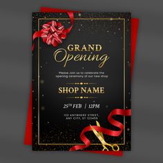 a grand opening party flyer with red ribbon and gold scissors on the black background,