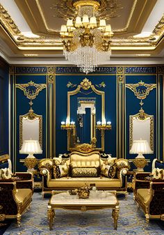 a fancy living room with gold furniture and blue walls