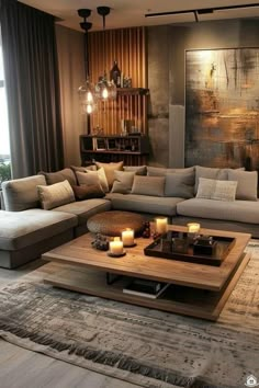 a living room filled with lots of furniture and candles on top of a coffee table