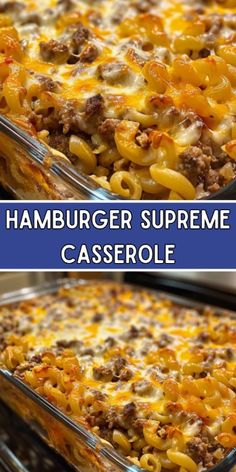 two pictures of hamburger supreme casserole with cheese and ground beef in the bottom