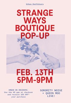 the poster for strange ways boutique pop - up, featuring two hands reaching for flowers