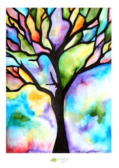 a painting of a tree with colorful leaves