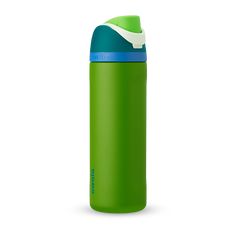 a green and blue water bottle on a white background