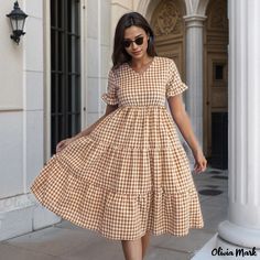 Olivia Mark - Gingham Flounce Dress with Cotton and Linen Blend and Short Sleeves Mid Skirt, Designer Midi Dresses, Yellow Midi Dress, Cotton Linen Dresses, Plaid Dress, Babydoll Dress, Linen Dress, Yellow Dress, Ruffle Dress