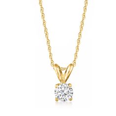 Ross-Simons - .33 Carat Diamond Solitaire Necklace in 14kt Yellow Gold. 18". Glitzy, gorgeous and glamorous, this .33 carat round brilliant-cut diamond solitaire necklace has a high-impact presence and a timeless, dramatic effect! You'll wear this with absolutely everything and always look sensational. Suspends from a 14kt yellow gold rope chain with a springring clasp. Diamond solitaire necklace. Diamond birthstones are the perfect gift for April birthdays. Dazzling 14k Gold Solitaire Necklace With Round Cut, Dazzling Yellow Gold Solitaire Necklace With Brilliant Cut, Solitaire Diamond Necklace In Yellow Gold, Gold Rope Chains, Diamond Birthstone, Diamond Solitaire Necklace, Solitaire Necklaces, Jewelry Essentials, Fine Jewellery Necklace