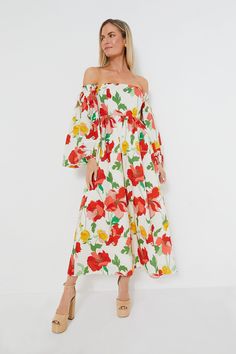 Off-The-Shoulder Marigold Maxi Dress | Hyacinth House Bakerboy Hat, Marigold Dress, Vibrant Florals, Jasper Conran, Honeymoon Outfits, Large Floral Print, Guest Attire, Bold Patterns, Skirt Maxi