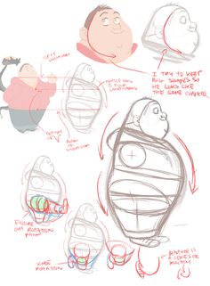 the concept sketches for an animated character