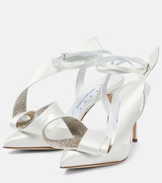 x Sergio Rossi Marquise embellished pumps in white - Area | Mytheresa Luxury Heels With Satin Bow For Wedding, Luxury Wedding Heels With Satin Bow, White Satin Evening Heels, Evening White Satin Heels, Black Art Pictures, White Pumps, Sergio Rossi, Cross Straps, Shoe Box