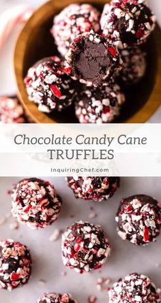 chocolate candy cane truffles with sprinkles on the top and bottom