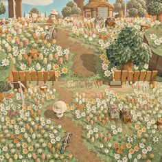 an artist's rendering of a garden with many flowers and animals in the background