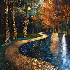 a painting of trees and water at night