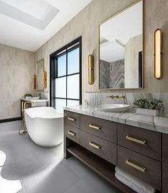 a large bathroom with two sinks and a bathtub in the middle of the room