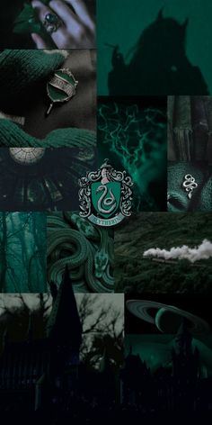 a collage of harry potter images with the slys crest on it and hogwart's house in the background