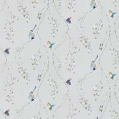 a white wallpaper with birds and flowers on it