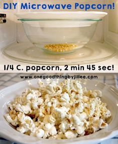 microwave popcorn without the bag is shown in two different pictures with text overlays