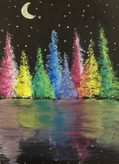 a painting of colorful trees and the moon in the night sky over a body of water